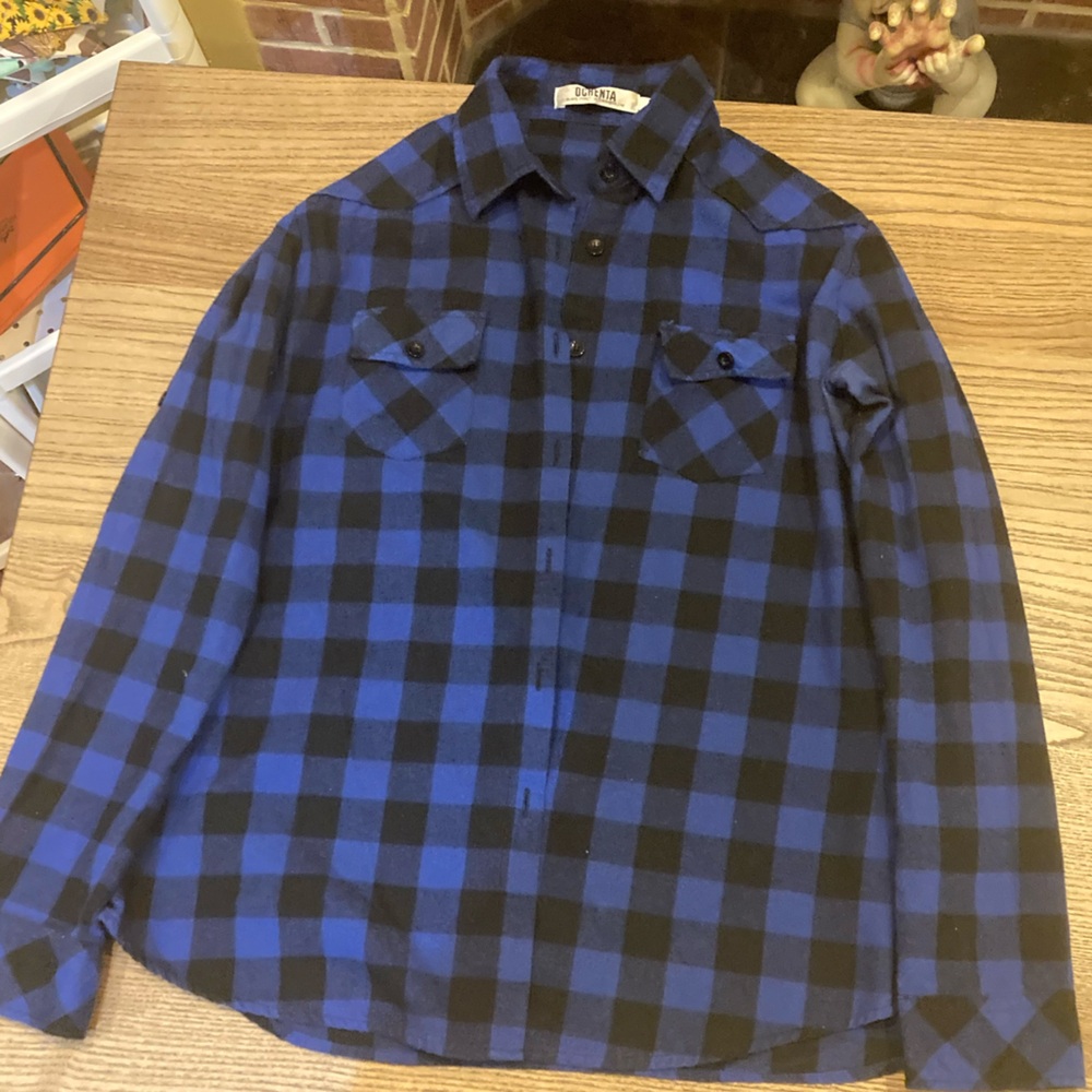 Men's Blue and Black Plaid Button-Down Shirt